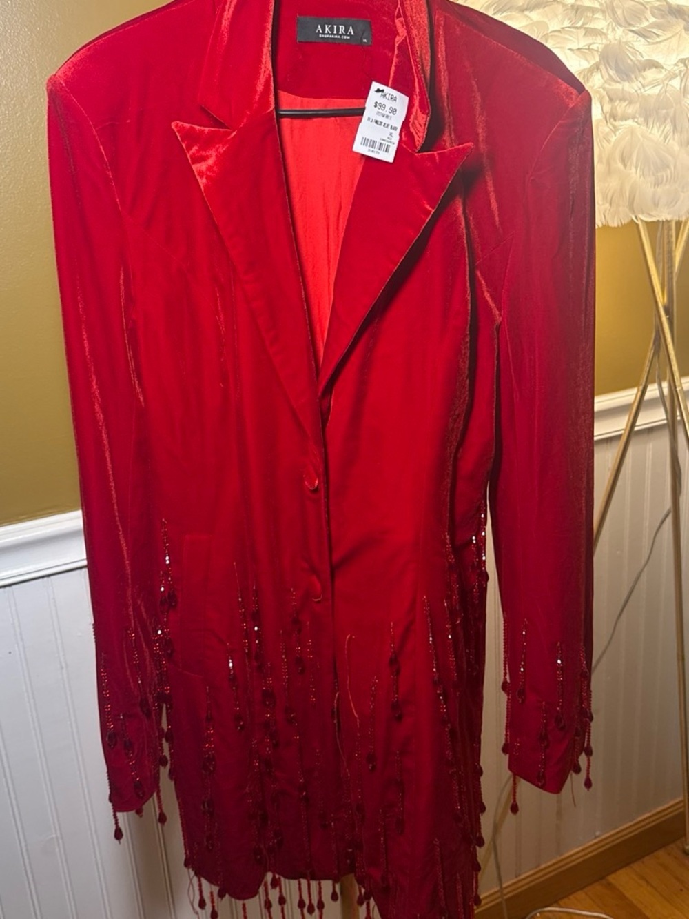 AKIRA Red Velvet Beaded Fringe Blazer